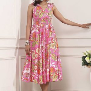 Pink Floral Printed Kalidar Flared Dress