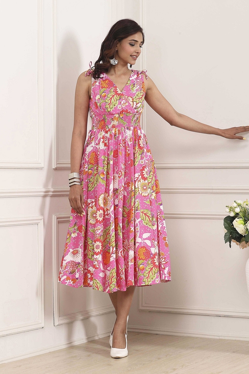 Pink Floral Printed Kalidar Flared Dress