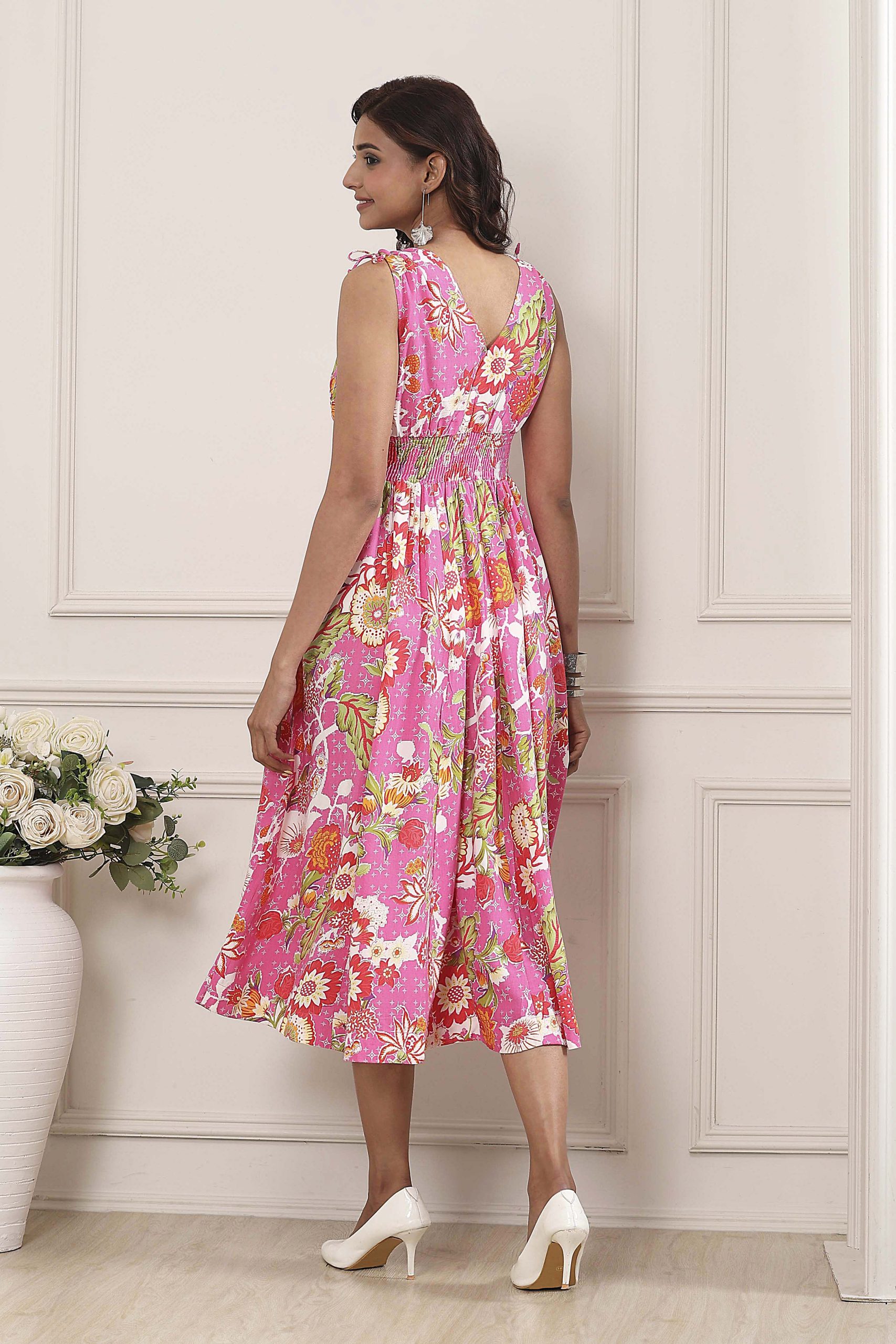Pink Floral Printed Kalidar Flared Dress - Image 3