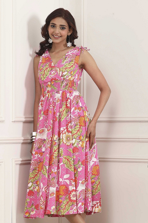 Pink Floral Printed Kalidar Flared Dress - Image 4