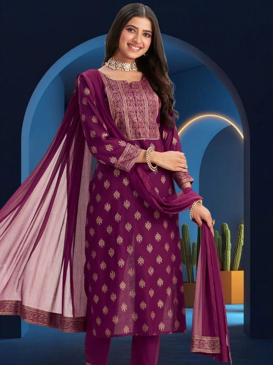 Vaulvary Women Cotton Blend Kurta Pant Dupatta Set