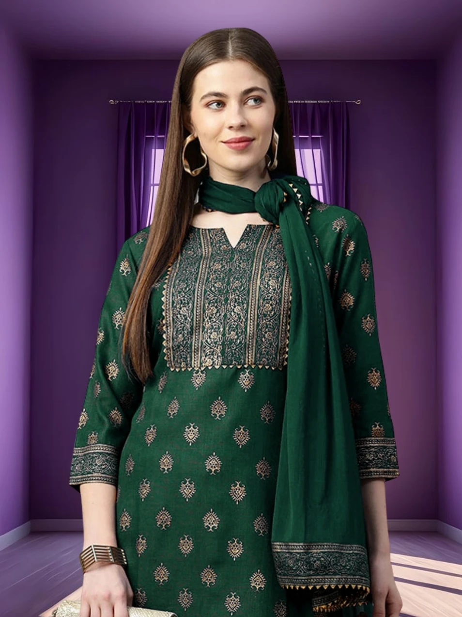Vaulvary Women Cotton Blend Kurta Pant Dupatta Set - Image 3