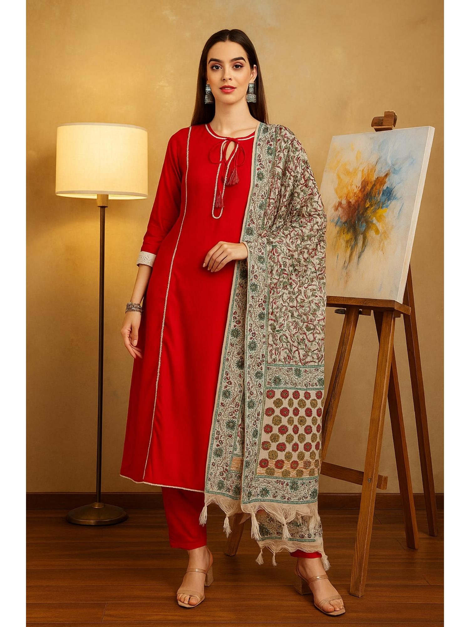 Women Red Kurta with Pant & Dupatta