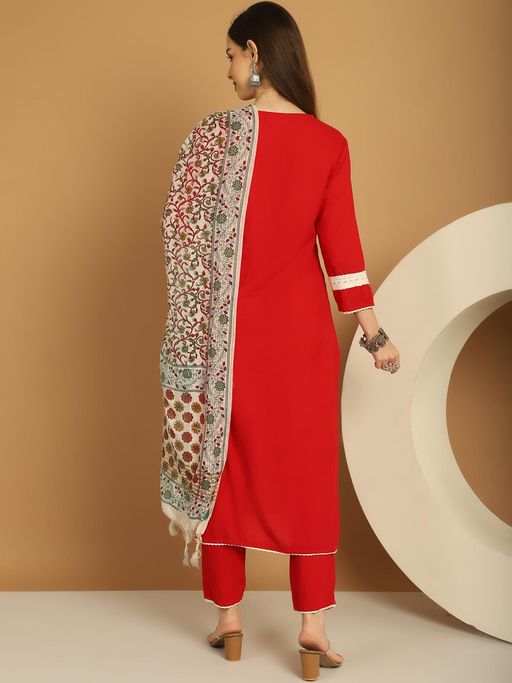 Women Red Kurta with Pant & Dupatta - Image 2