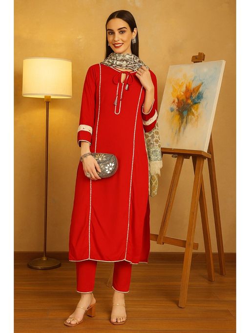 Women Red Kurta with Pant & Dupatta - Image 3