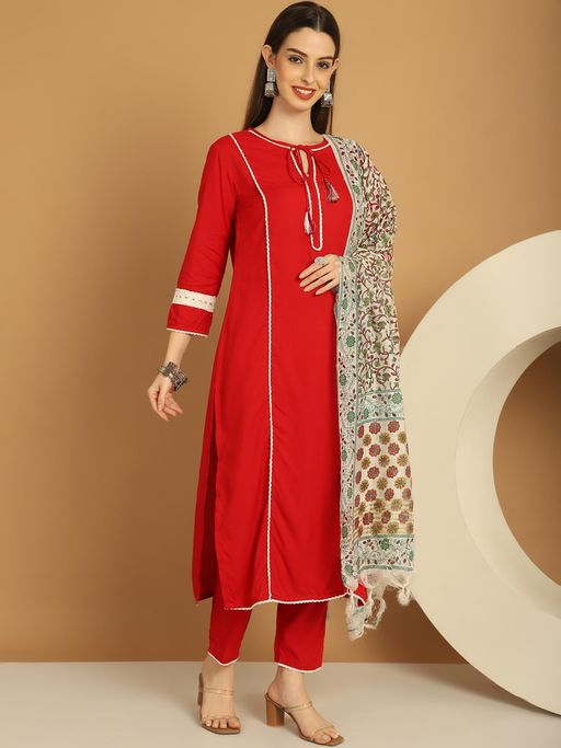 Women Red Kurta with Pant & Dupatta - Image 4