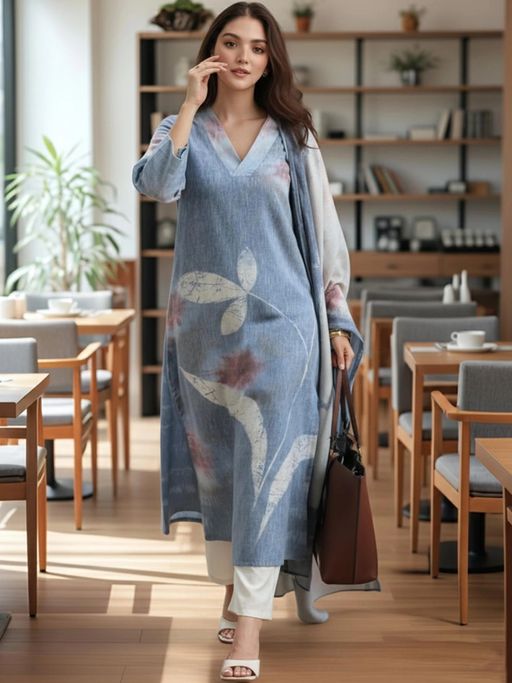 Womens Cotton Blend Straight Printed Kurta with Pant & Dupatta - Green